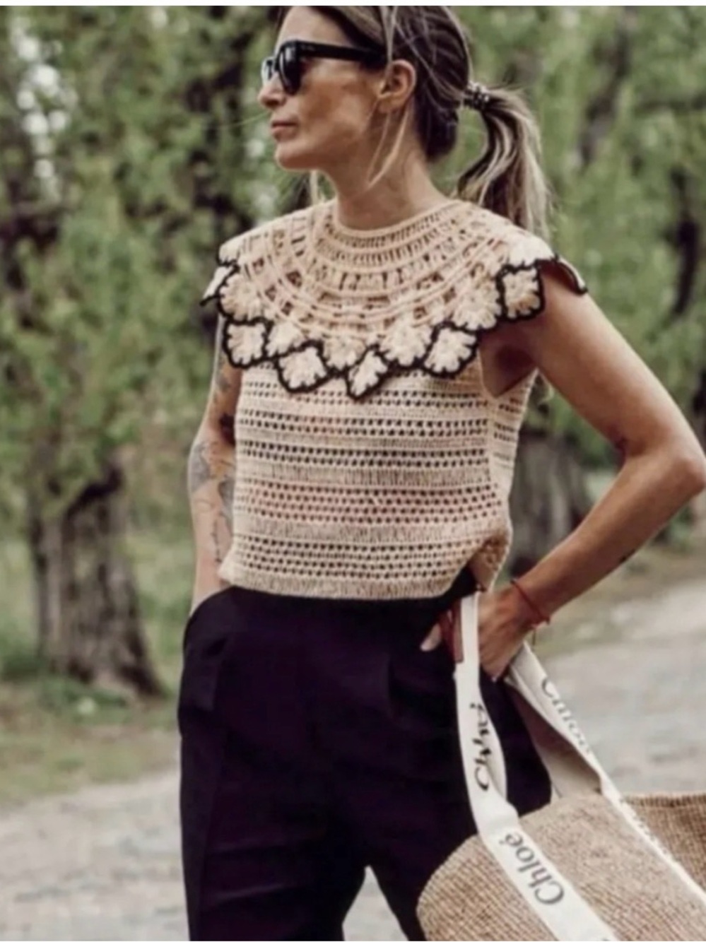 Zara Peter Pan Collar Crocheted Knit Top - Picture 2 of 4
